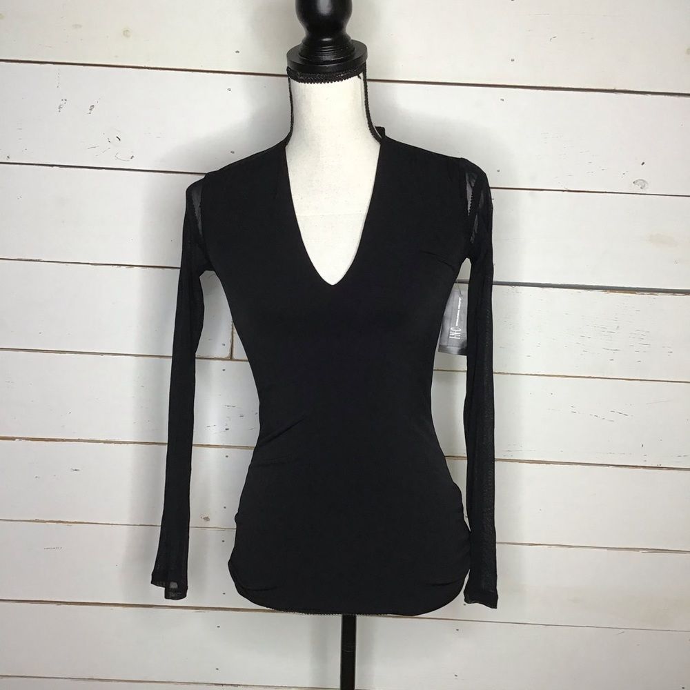 INC Deep Illusion Black Blouse V Neck Mesh Sleeve
